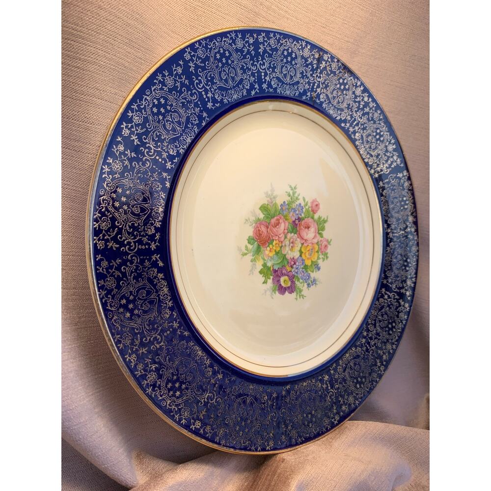 Vintage Blue Homer Laughlin 22k Gold Filagree Plate Floral Pattern D40N5 11"
